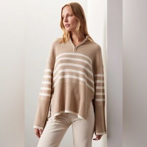 Rails Tessa Stripe Wool & Cotton Quarter-Zip Pullover Tan White Sweater